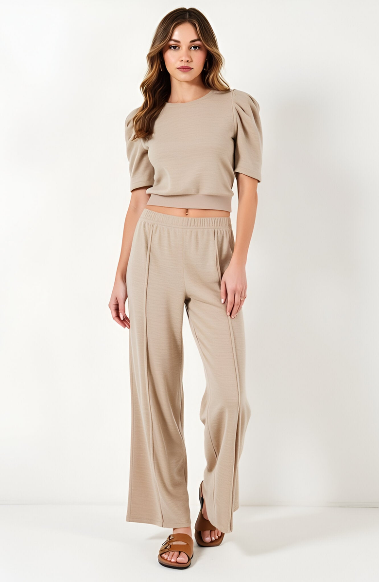 Modenaire Stretch Waistband Puff Sleeve Knit Top and Wide Leg Pants Set, Main, color, Beige