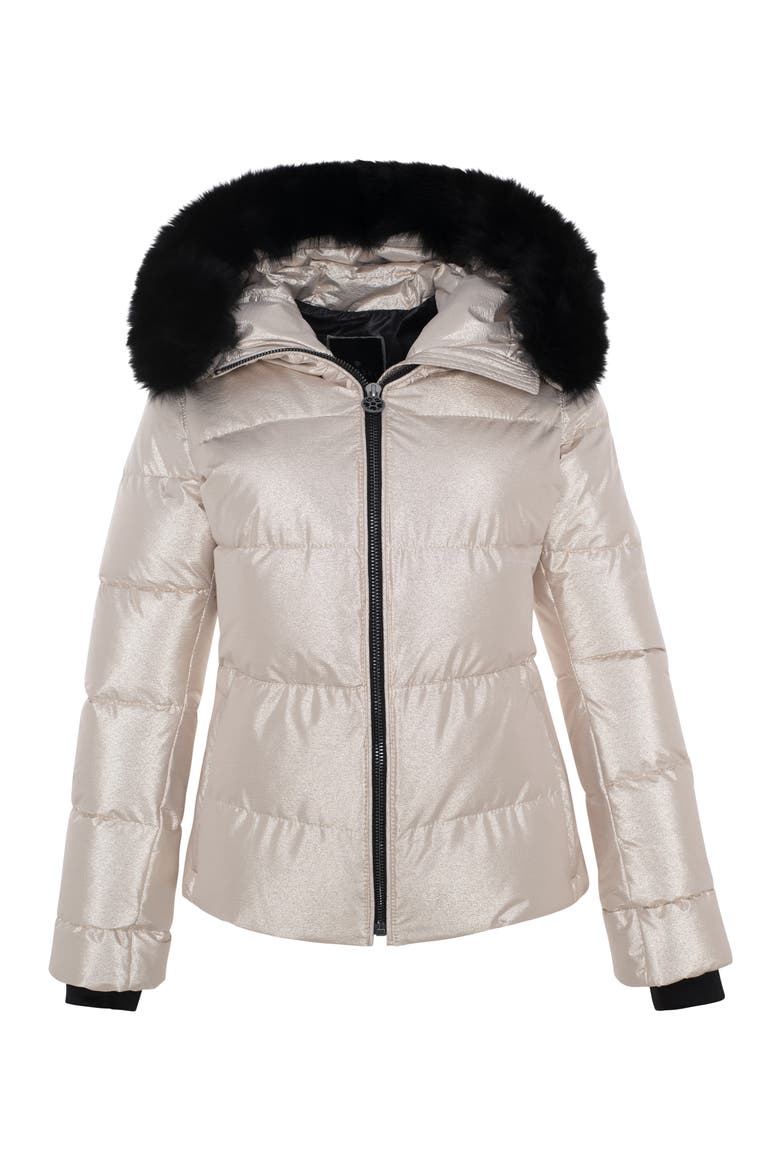 Apres-Ski Short Bomber Jacket with Detachable Genuine Shearling Hood Trim, Alternate, color, GOLD/BLACK
