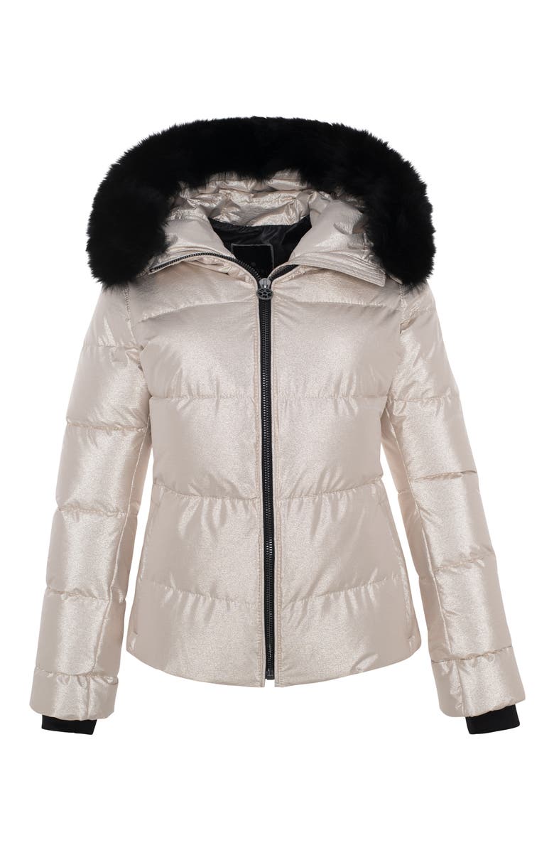GORSKI Apres-Ski Short Bomber Jacket with Detachable Genuine Shearling Hood Trim, Alternate, color, Gold/Black