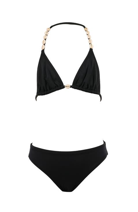 Triangle with Hand-Finished Shell Accents Two-Piece Bikini, Big Kid