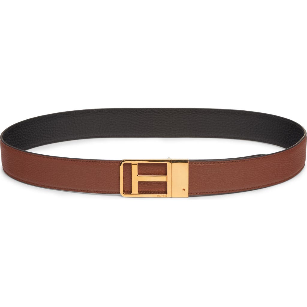 Tom Ford Framed T Buckle Reversible Soft Grain Leather Belt In Brown