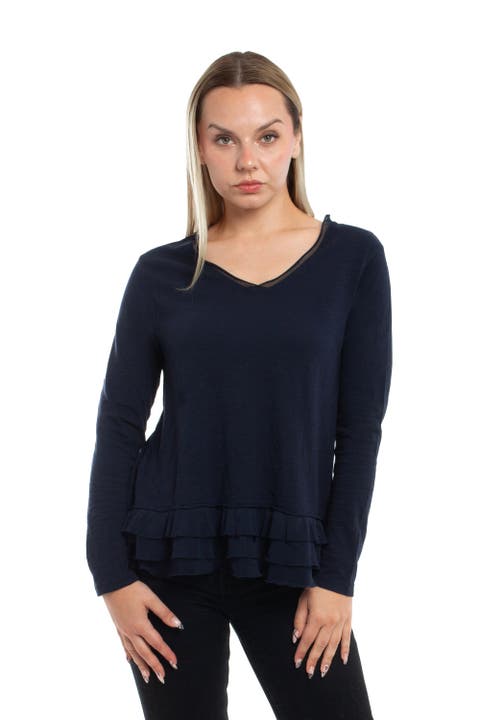 V-Neck Mixed Media Long Sleeve Tee With Ruffle Hem