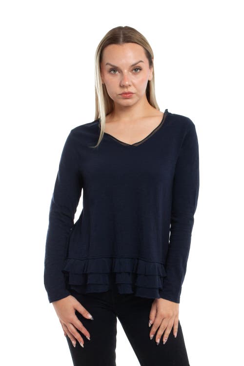 Wilt Clothing V-neck Mixed Media Long Sleeve Tee With Ruffle Hem In Blue