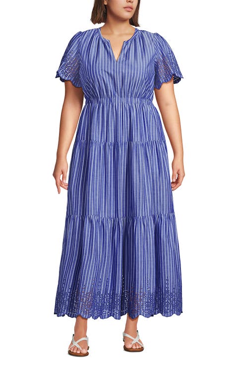 Plus Size Tiered Cotton Poplin Eyelet Maxi Dress