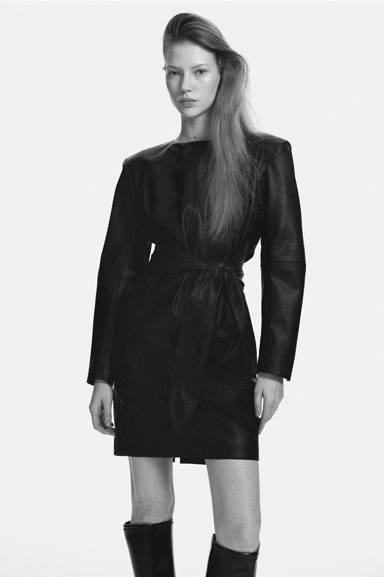 Coated Tie-belt Dress, Alternate, color, Black