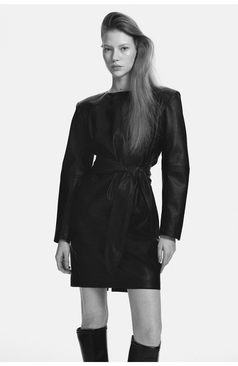 H&M Coated Tie-belt Dress, Alternate, color, Black