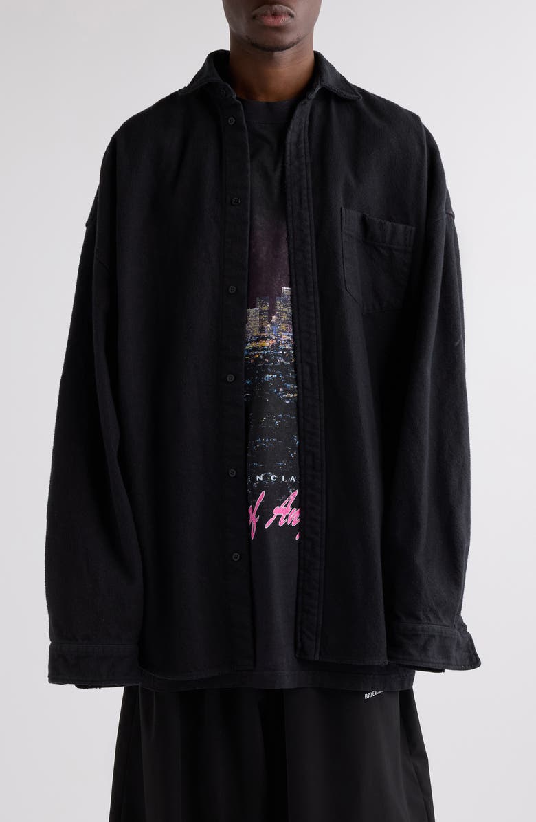 Balenciaga Layered Distressed Long Sleeve Graphic Shirt, Main, color, 1000 Black