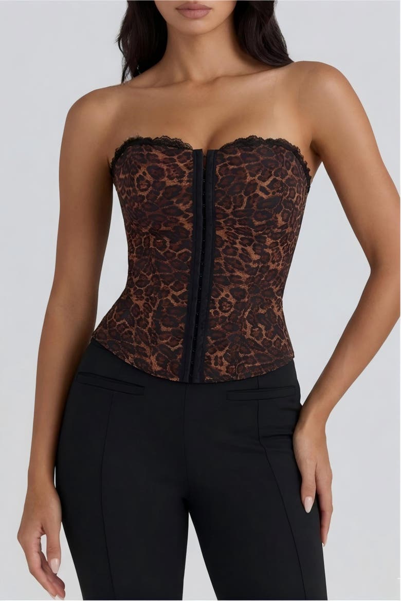 Leopard Lace Faux Denim Detachable Strap Corset Bustier, Alternate, color, Leopard