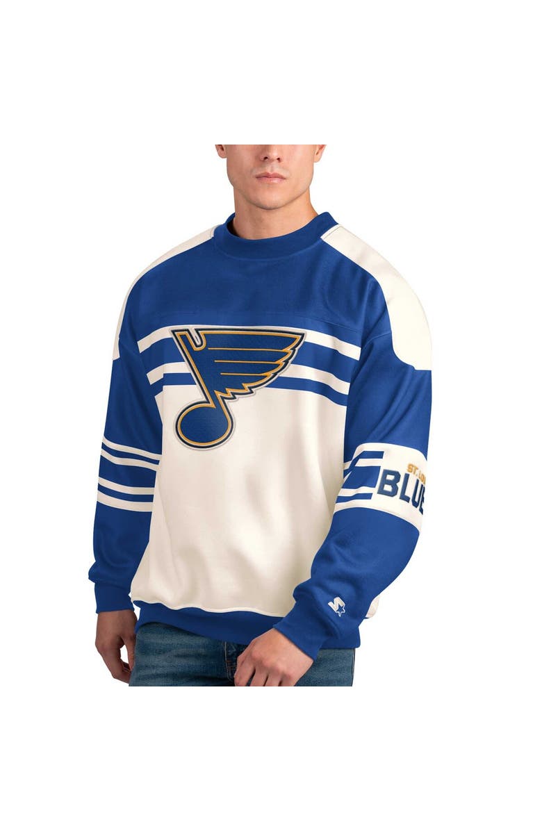 STARTER Men's Starter White St. Louis Blues Defense Fleece Crewneck Pullover Sweatshirt, Main, color, 