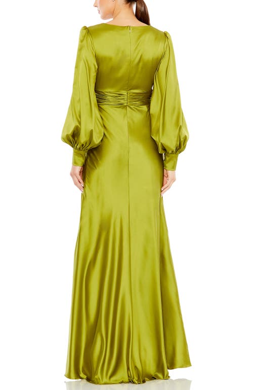 Mac Duggal Charmeuse Bishop Sleeve V Neck Gown In Apple Green