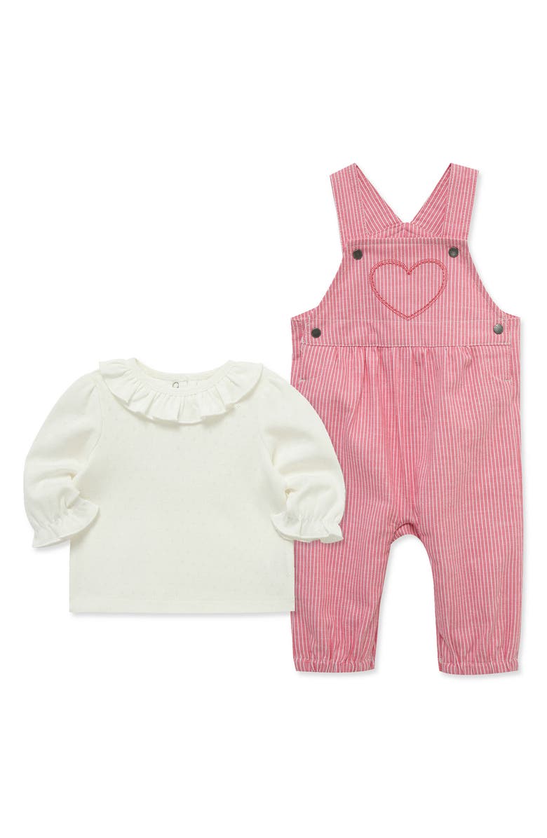 Little Me Long Sleeve Top & Stripe Overalls Set, Alternate, color, Pink