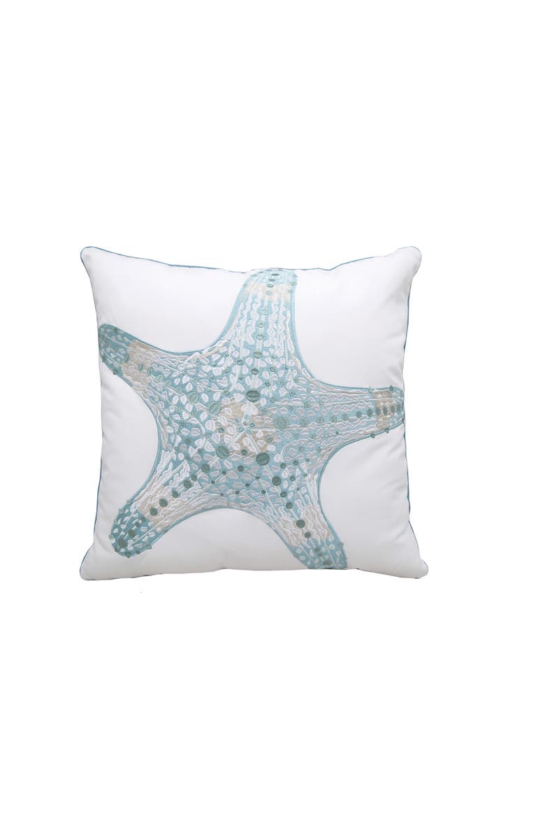 Sea Glass Starfish Embroidered Indoor/Outdoor Throw Pillow, Main, color, Blue
