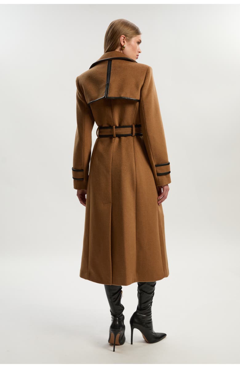 Karen Millen Wool PU Belted Midi Coat, Alternate, color, Camel
