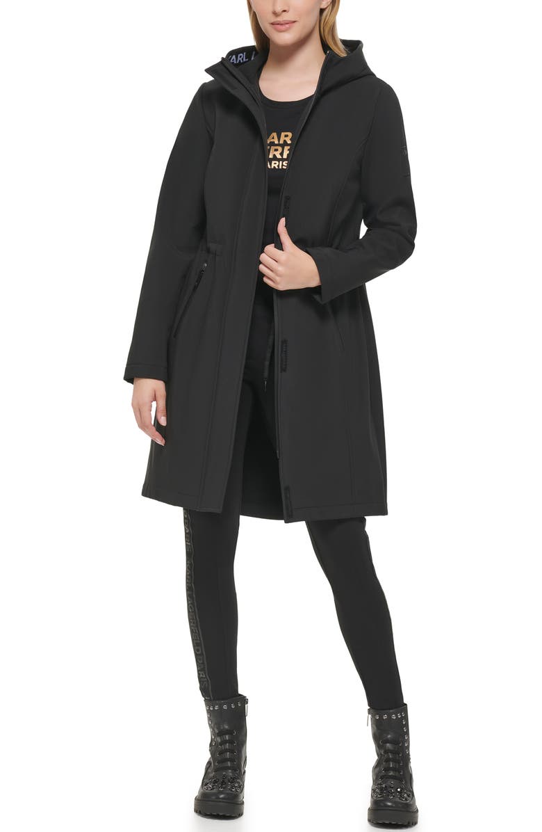 KARL LAGERFELD PARIS Water Resistant Hooded Raincoat, Alternate, color, Black