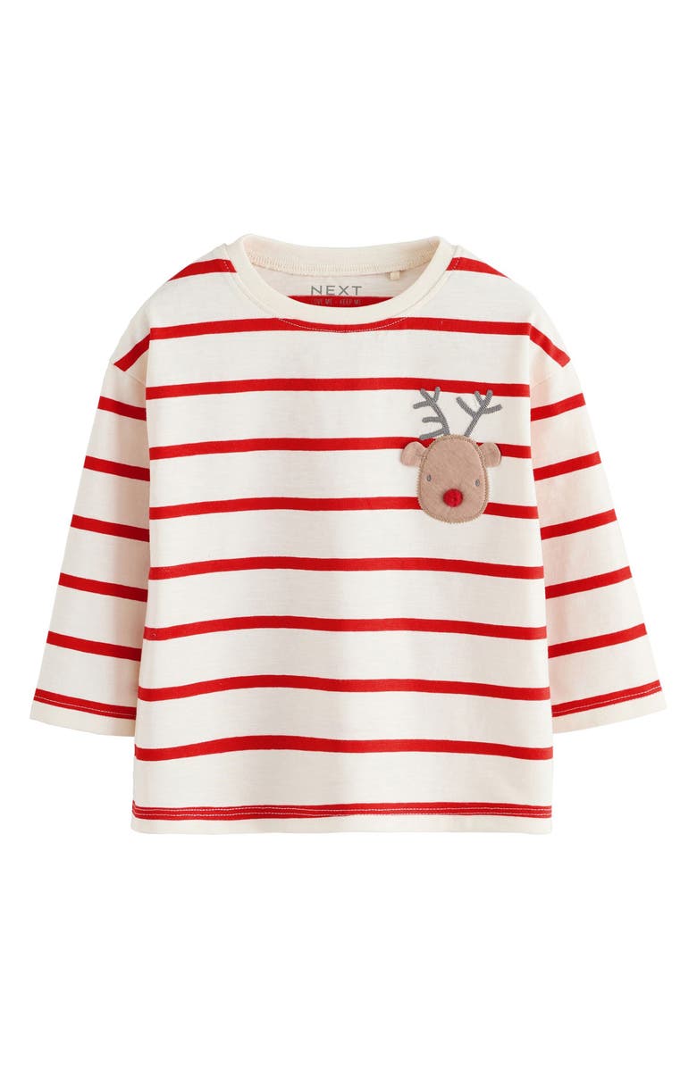 NEXT Kids' Long Sleeve Christmas Stripe Reindeer Appliqué T-Shirt, Main, color, Neutral