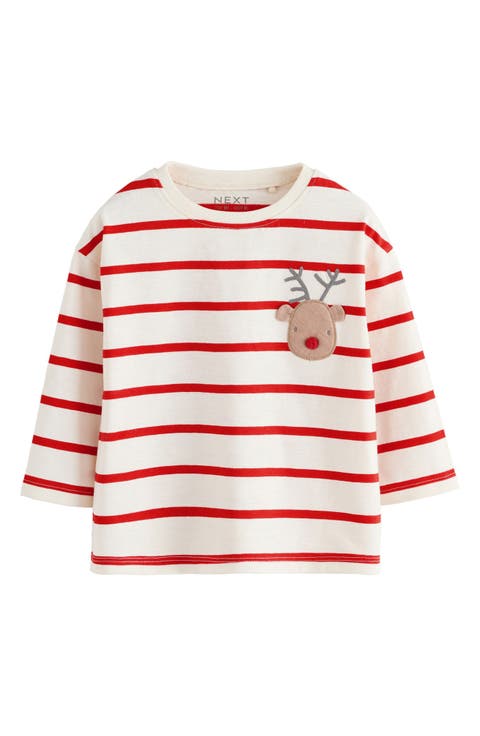 Kids' Long Sleeve Christmas Stripe Reindeer Appliqué T-Shirt (Little Kid)