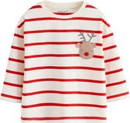 NEXT Kids' Long Sleeve Christmas Stripe Reindeer Appliqué T-Shirt
