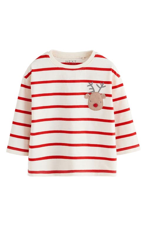Next Kids' Long Sleeve Christmas Stripe Reindeer Appliqué T-shirt In White