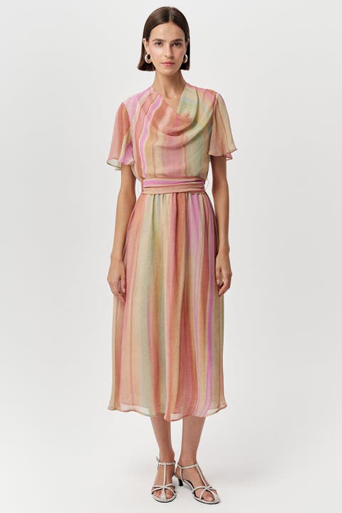 Sahra Cowl Neck Short Sleeve Striped Midi Dress