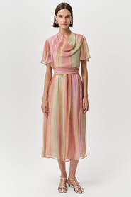 Exquise Sahra Cowl Neck Short Sleeve Striped Midi Dress