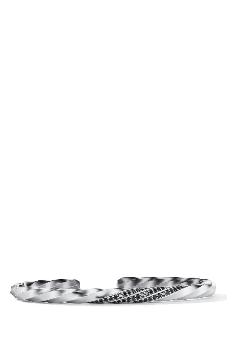 David Yurman Cable Edge<sup>™</sup> Cuff Bracelet in Recycled Sterling Silver with Pavé Black Diamonds, Main, color, Sterling Silver Recycled