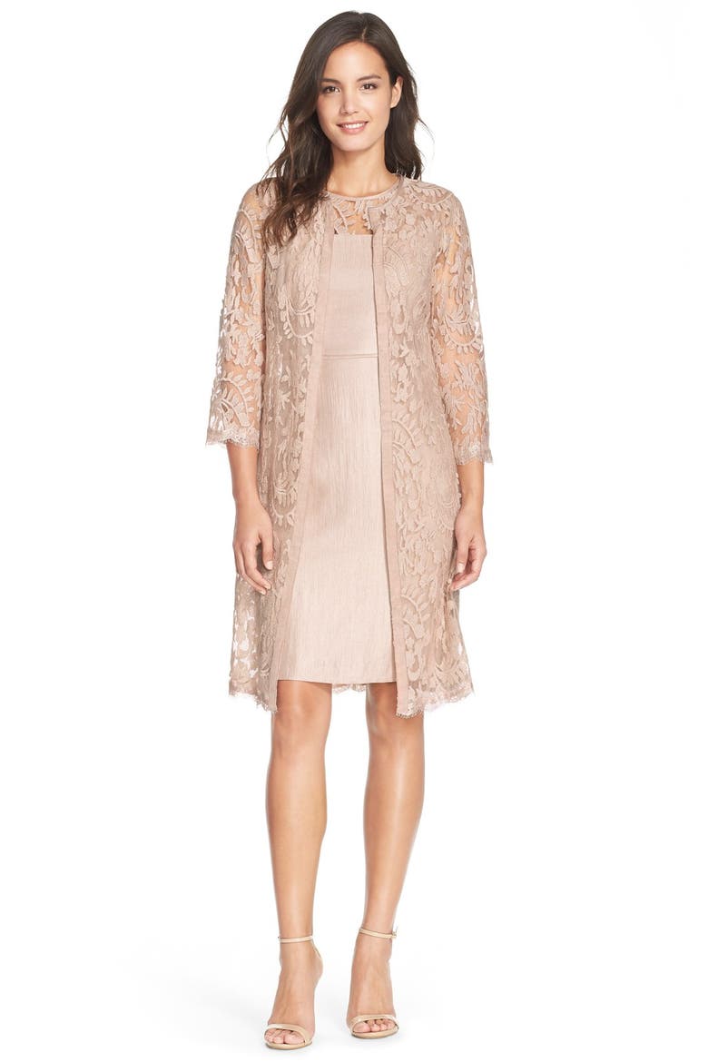 Embroidered Lace Illusion Yoke Sheath Dress & Topper, Alternate, color, JUTE