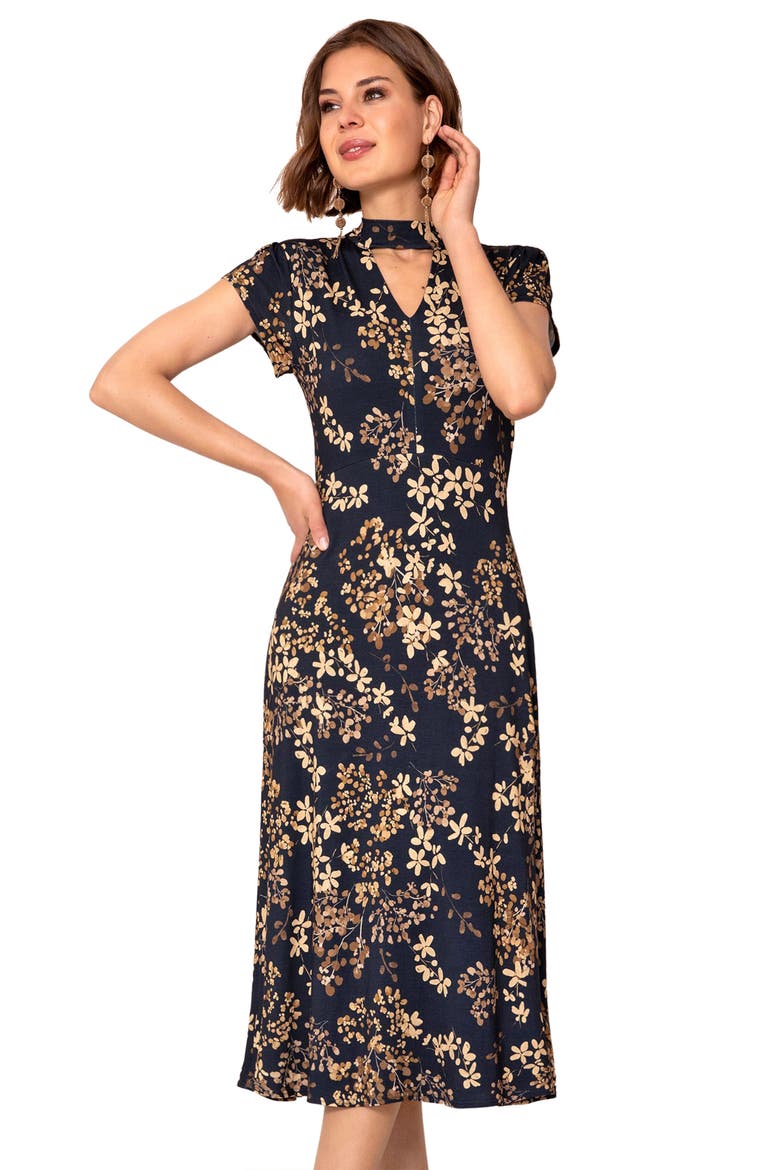 Choker Keyhole Midi Dress Floral Skirt, Alternate, color, Golden Blossom