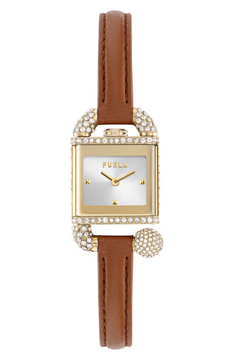Square Case Crystal Leather Strap Watch, 20mm