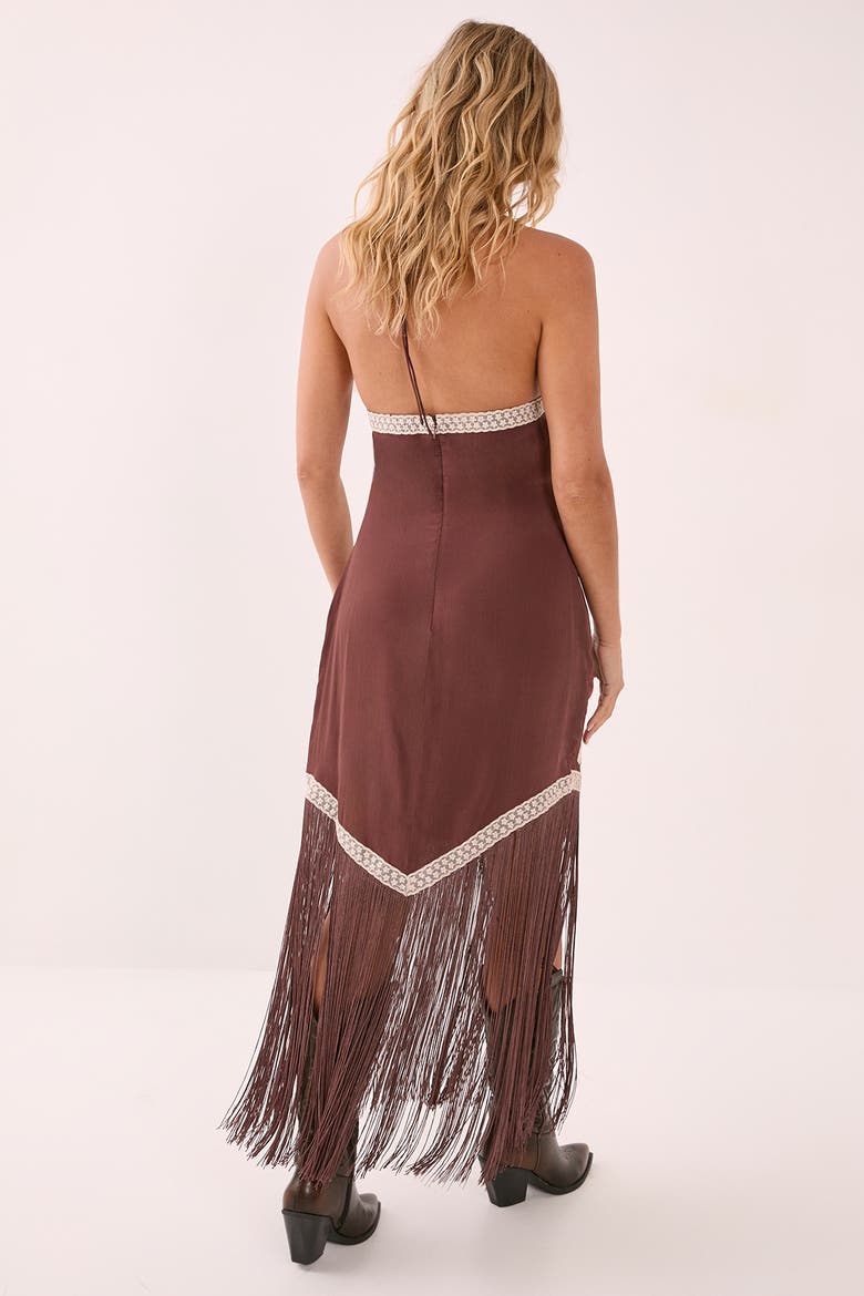 Halter Neck Tassel Mini Dress, Alternate, color, Chocolate