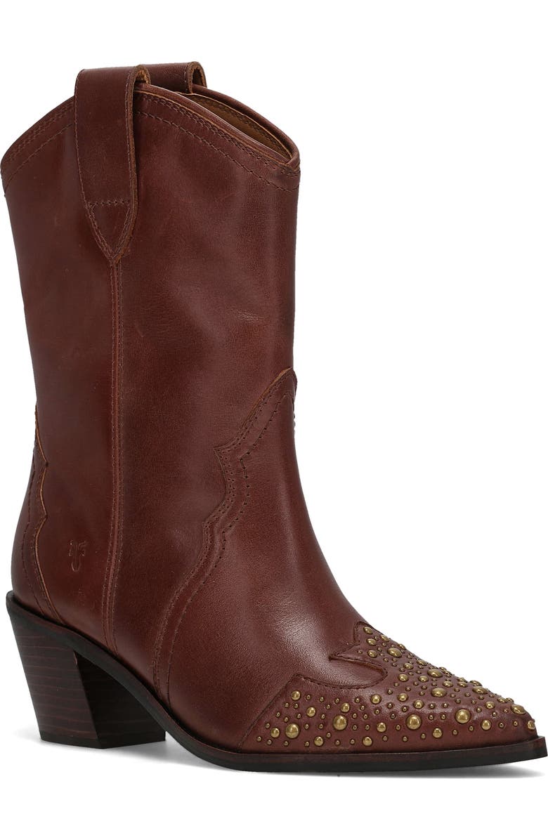 Frye Sara Studded Wingtip Western Boot, Main, color, Saddle