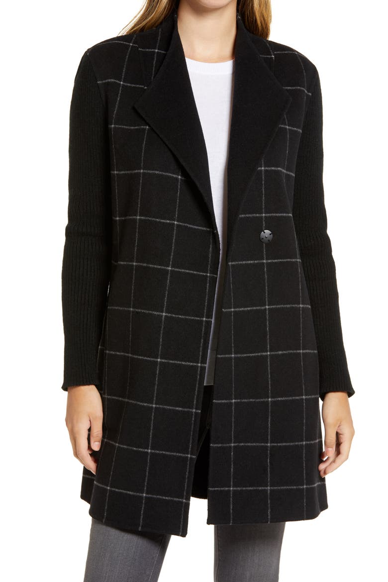 Windowpane Check Knit Sleeve Coat, Main, color, BLACK MULTI