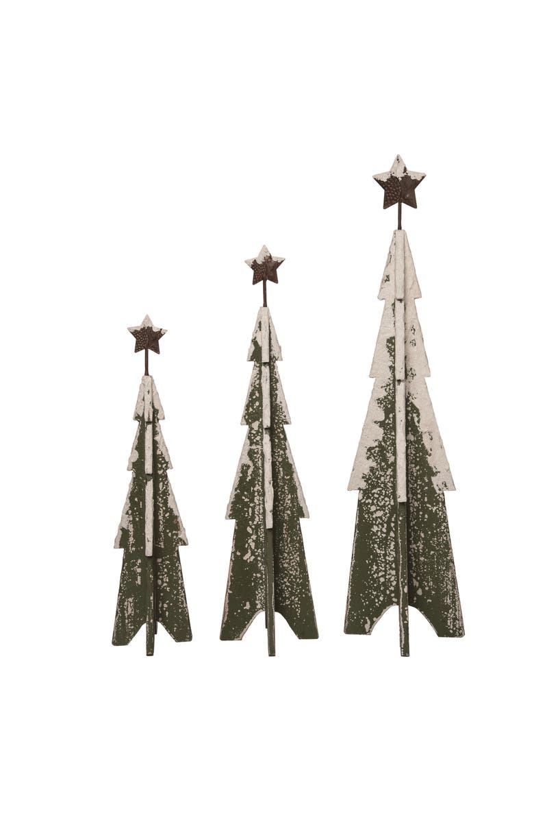 Transpac Wood Multicolor Christmas Snowy Trees Set of 3, Main, color, Green