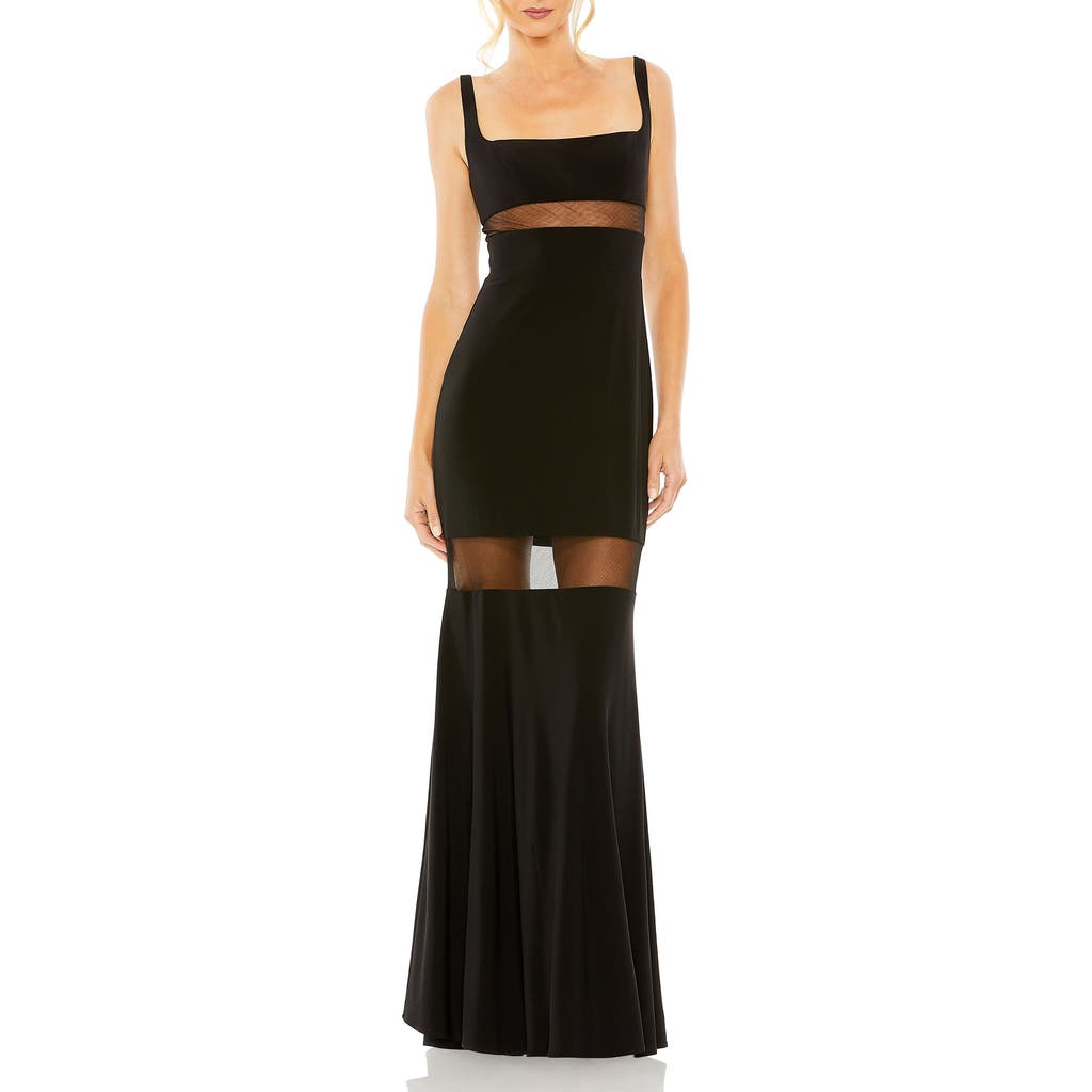 Mac Duggal Sheer Mesh Panel Sheer Detail Column Gown In Black