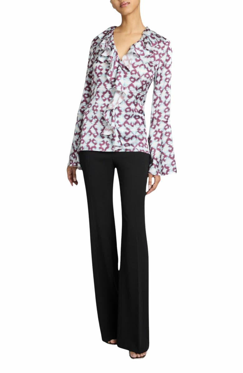 Santorelli SYDNEY Long Sleeve Button Down Blouse with Ruffles in Graphic Printed Charmeuse, Alternate, color, Ocean Mist