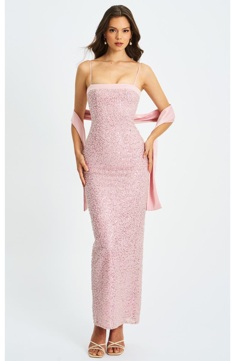 Miss Circle Raizel Beaded Sequin Bodycon Gown with Scarf, Main, color, Pink