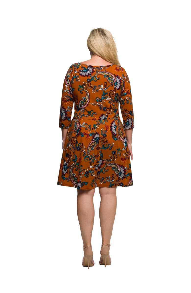 24seven Comfort Apparel Plus Size Paisley Print Fit Flare Knee Length Dress, Alternate, color, Orange Multi