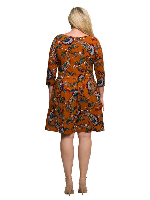 24seven Comfort Apparel Plus Size Rust Paisley Print Fit Flare Knee Length Dress In Multi