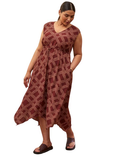 Live Unlimited Geo Print V-neck Hanky Hem Dress In Brown