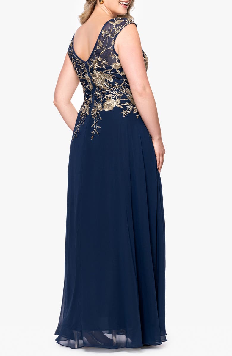 Betsy & Adam Metallic Embroidery Chiffon Gown, Alternate, color, Navy/ Gold