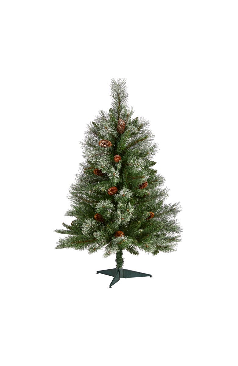 NEARLY NATURAL 3-ft Snowed French Alps Mountain Pine Artificial Christmas Tree with 135 Bendable Branches and Pine Cones, Main, color, Green