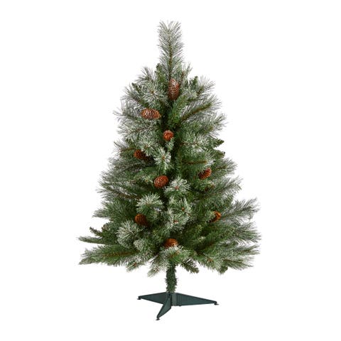 3-ft Snowed French Alps Mountain Pine Artificial Christmas Tree with 135 Bendable Branches and Pine Cones