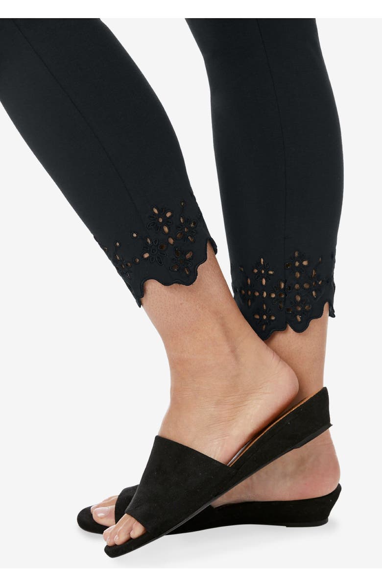 Jessica London Stretch Cotton Eyelet Capri Legging, Alternate, color, Black Floral Eyelet