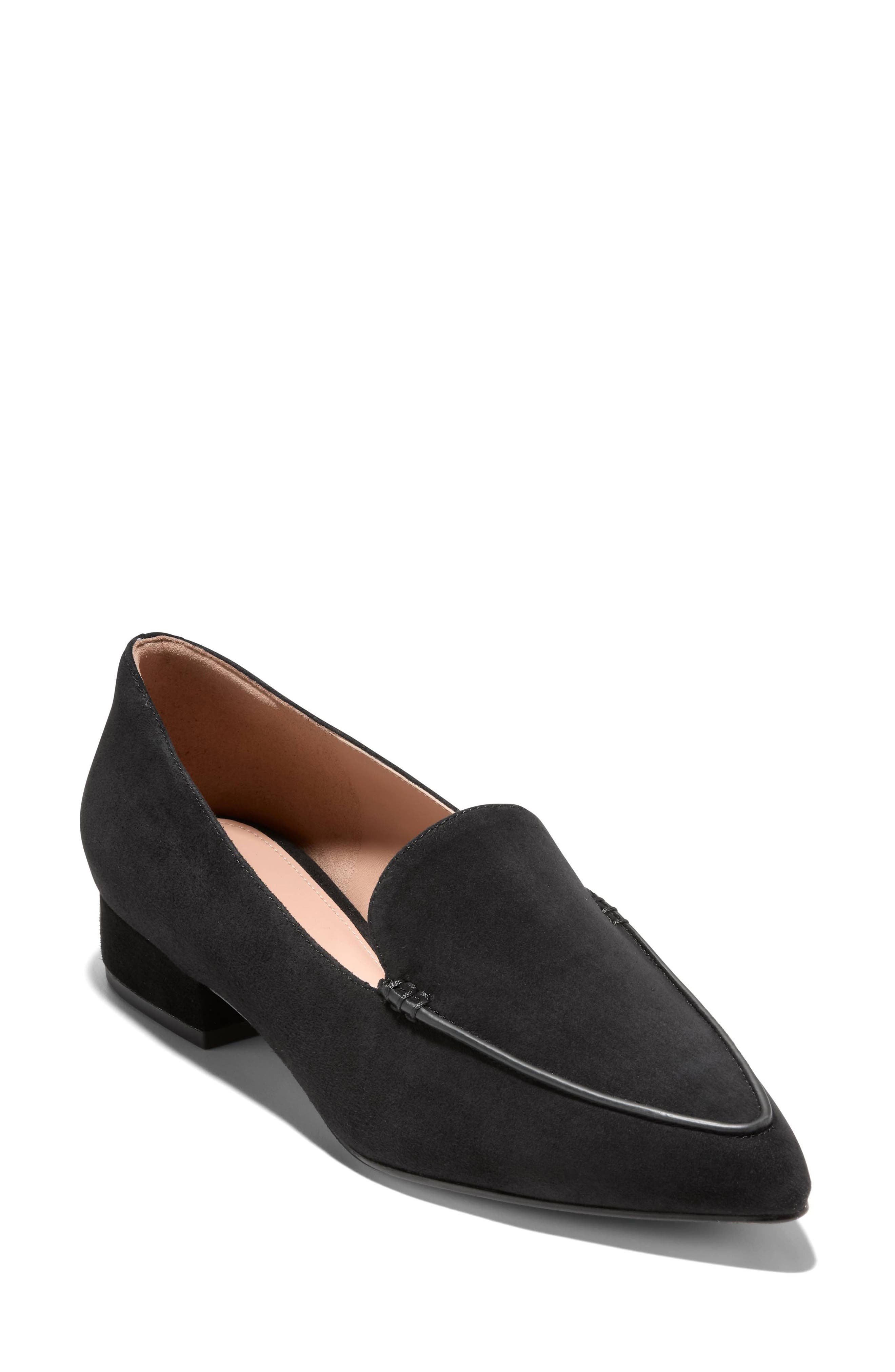Valentina Pointed Toe Loafer, Main, color, BLACK SUEDE