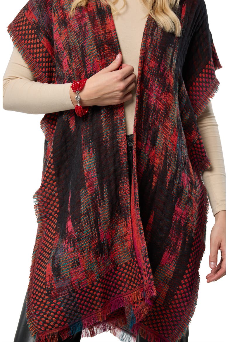 Abstract Fringe Poncho, Alternate, color, BLACK/ RED MULTI
