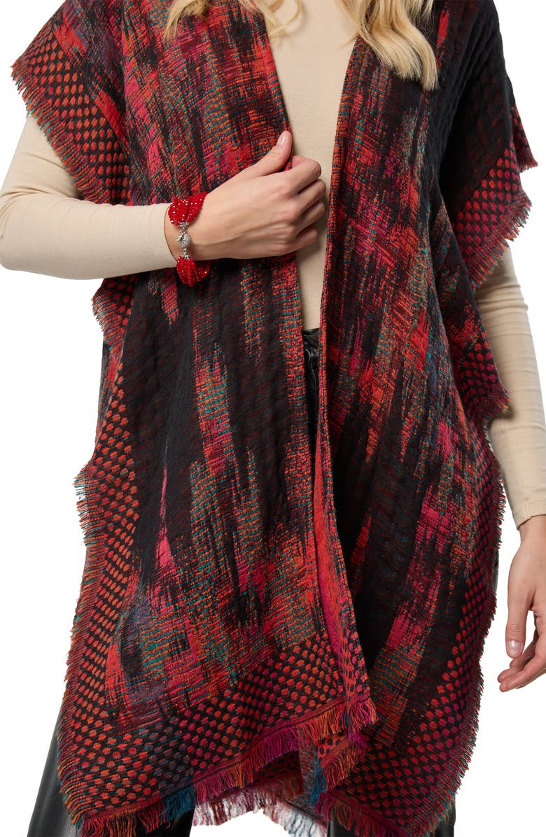 SAACHI Abstract Fringe Poncho, Alternate, color, Black/ Red Multi