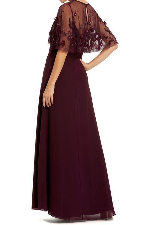 Mac Duggal Sleeveless Embellished Cape Evening Gown In Burgundy
