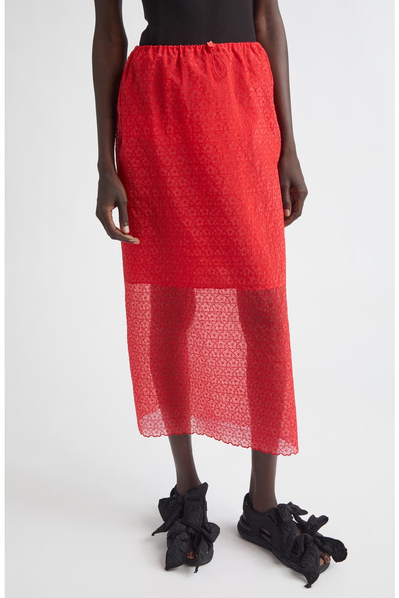 Donna Windflower Embroidered Organza Midi Skirt, Main, color, RED