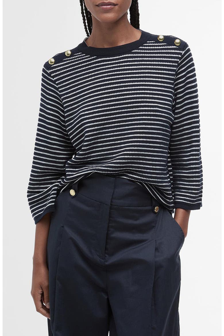 Macy Stripe Cotton Sweater, Main, color, DARK NAVY STRIPE