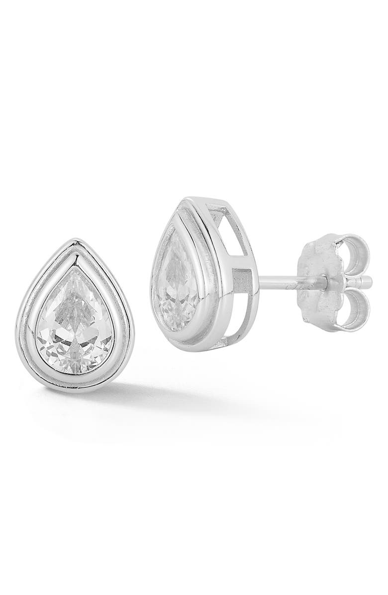 GLAZE JEWELRY Cubic Zirconia Bezel Set Pear Stud Earrings, Main, color, Silver