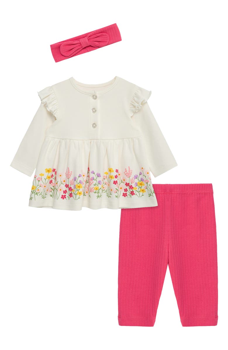 Little Me Floral Border Print Top, Leggings & Headband Set, Main, color, White/ Pink